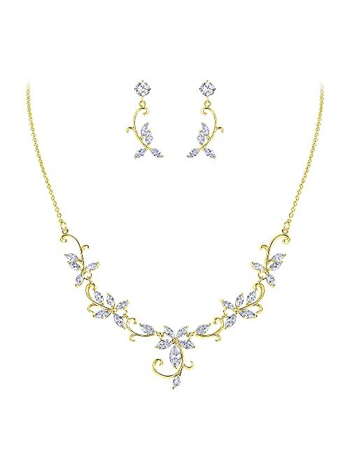 Crysdue Flower Leaf Wedding Jewelry Set for Bridal Bridemaid, Cubic Zirconia Teardrop Elegant Vine Necklace Dangle Earrings for Wedding Prom Party