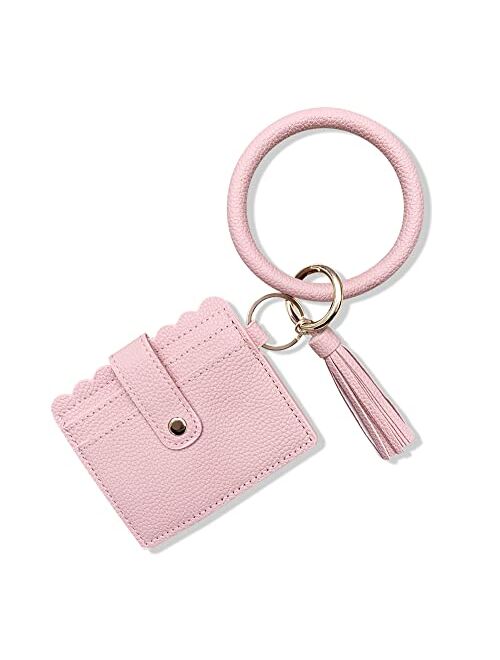 FindFun Key Women Ring Chain with Card Holder Wristlet Keychain Bracelet Leather Tassel Bangle Key Ring