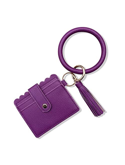 FindFun Key Women Ring Chain with Card Holder Wristlet Keychain Bracelet Leather Tassel Bangle Key Ring