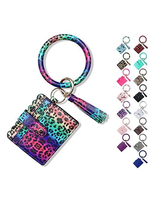 FindFun Key Women Ring Chain with Card Holder Wristlet Keychain Bracelet Leather Tassel Bangle Key Ring