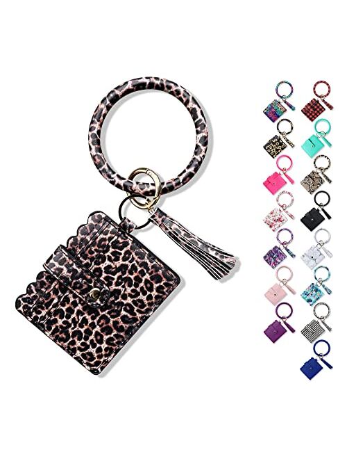 FindFun Key Women Ring Chain with Card Holder Wristlet Keychain Bracelet Leather Tassel Bangle Key Ring