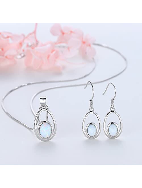 Lynwei Opal 925 Sterling Silver Double Oval Teardrop Earrings and Pendant Necklace Set for Womens Girls