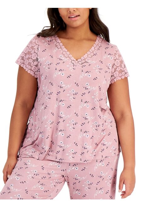 Charter Club Plus Size Lace-Trimmed Floral V-Neck & Pajama Pants Set, Created for Macy's