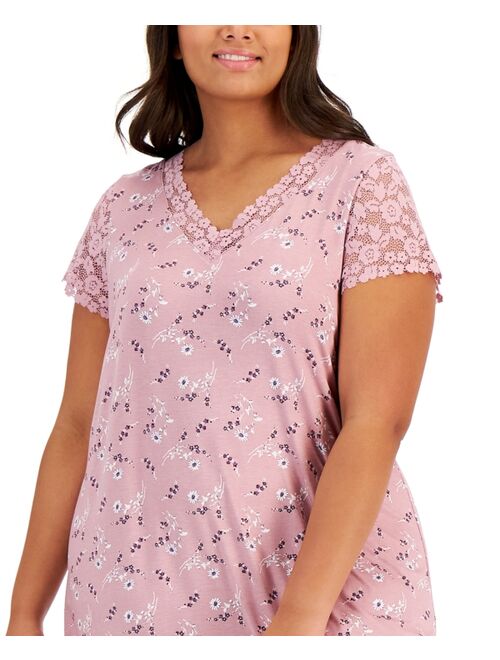 Charter Club Plus Size Lace-Trim Floral Chemise, Created for Macy's