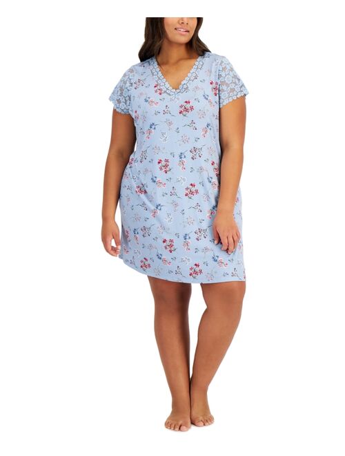 Charter Club Plus Size Lace-Trim Floral Chemise, Created for Macy's