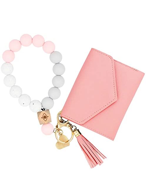 Manlosen Bracelet Wristlet Keychain for Women, Silicone Bead Bangle Key Ring Leather Tassel Keychains for car keys