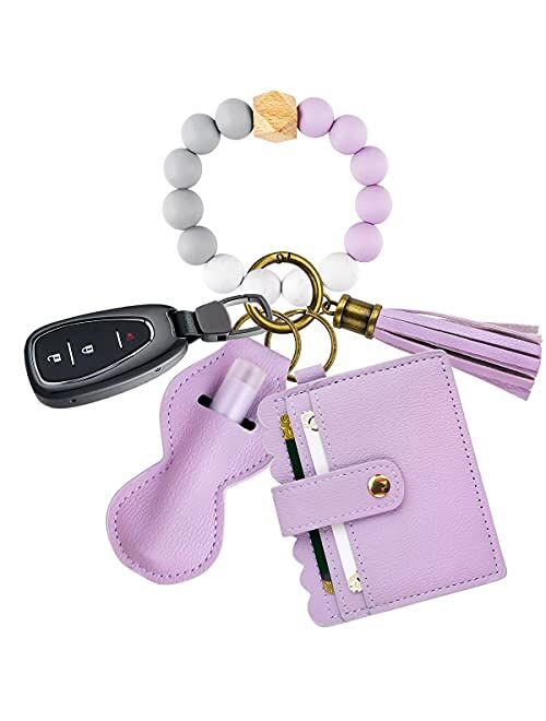 Ayieyill Wristlet Keychain Bracelet Wallet, Silicone Beads Wristlet Keys Ring with Cards Holder & Tassel for Cars Key Keychains