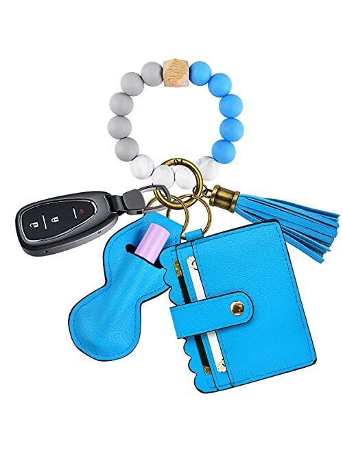 Ayieyill Wristlet Keychain Bracelet Wallet, Silicone Beads Wristlet Keys Ring with Cards Holder & Tassel for Cars Key Keychains