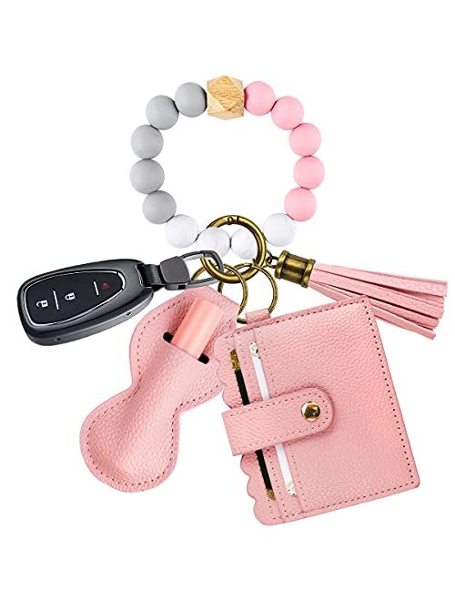 Ayieyill Wristlet Keychain Bracelet Wallet, Silicone Beads Wristlet Keys Ring with Cards Holder & Tassel for Cars Key Keychains