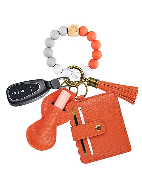 Ayieyill Wristlet Keychain Bracelet Wallet, Silicone Beads Wristlet Keys Ring with Cards Holder & Tassel for Cars Key Keychains