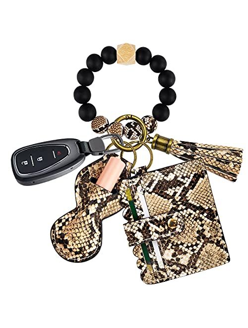 Ayieyill Wristlet Keychain Bracelet Wallet, Silicone Beads Wristlet Keys Ring with Cards Holder & Tassel for Cars Key Keychains