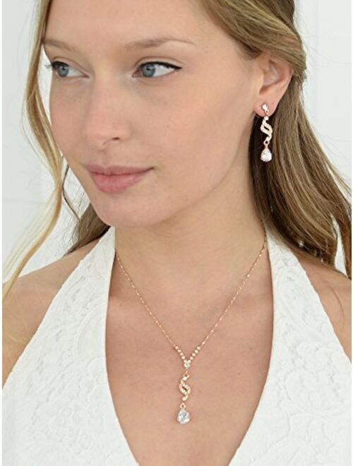 Mariell Graceful Rose Gold CZ Teardrop Necklace & Earrings Jewelry Set - Brides, Bridesmaid & Prom Glam