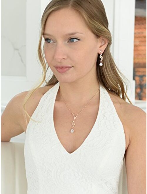 Mariell Graceful Rose Gold CZ Teardrop Necklace & Earrings Jewelry Set - Brides, Bridesmaid & Prom Glam