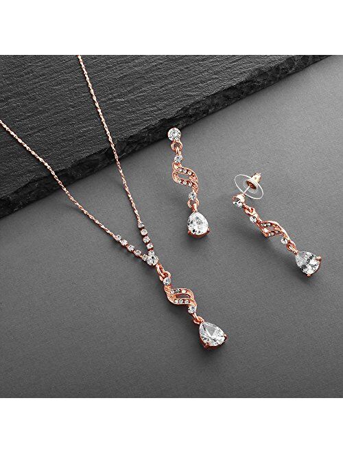 Mariell Graceful Rose Gold CZ Teardrop Necklace & Earrings Jewelry Set - Brides, Bridesmaid & Prom Glam