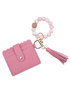 Ting-Chun Wristlet Keychain Silicone Beaded Bracelet Leather Tassel Wallet Bangle Car Key Ring Card Holder for Women Girls