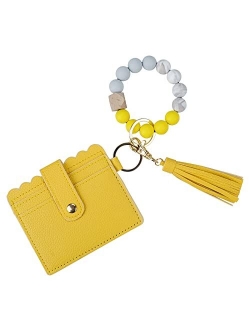 Ting-Chun Wristlet Keychain Silicone Beaded Bracelet Leather Tassel Wallet Bangle Car Key Ring Card Holder for Women Girls