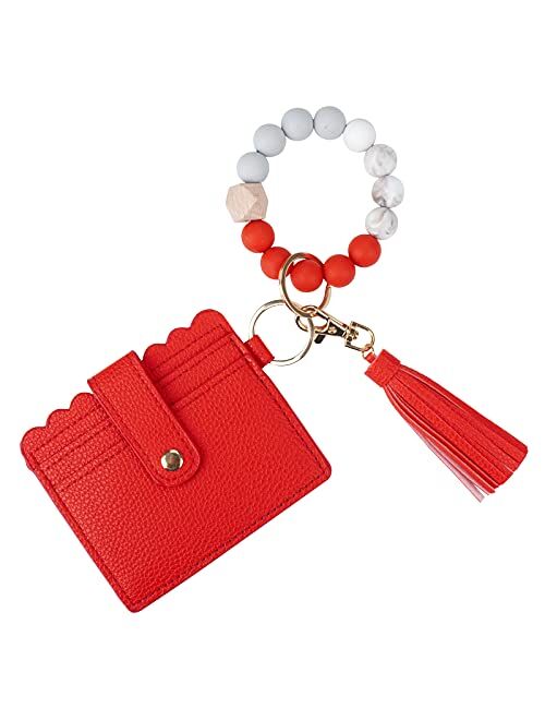 Ting-Chun Wristlet Keychain Silicone Beaded Bracelet Leather Tassel Wallet Bangle Car Key Ring Card Holder for Women Girls