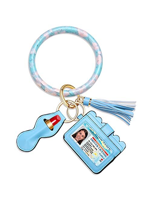 BSJELL Wristlet Keychain Wallet-Acetate Bangle Key Ring Bracelet Tassel Keyring ID Crad Charpstick Holder for Women