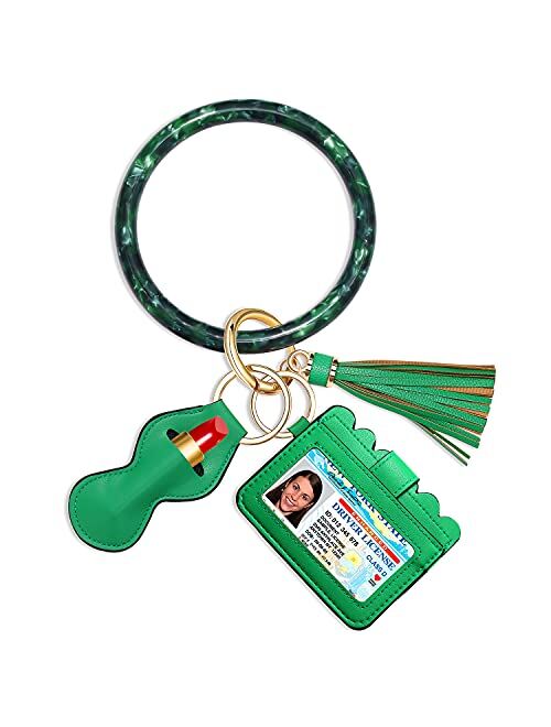 BSJELL Wristlet Keychain Wallet-Acetate Bangle Key Ring Bracelet Tassel Keyring ID Crad Charpstick Holder for Women