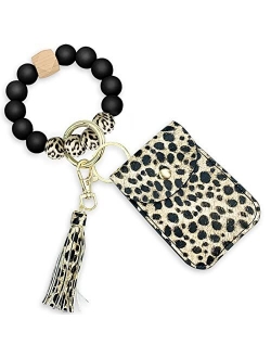 DegGod Keychain Bracelet Wristlet with Card Wallet, Portable Silicone Elastic Beaded Bangle Chains Car Key Ring