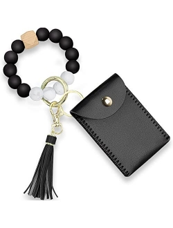 DegGod Keychain Bracelet Wristlet with Card Wallet, Portable Silicone Elastic Beaded Bangle Chains Car Key Ring