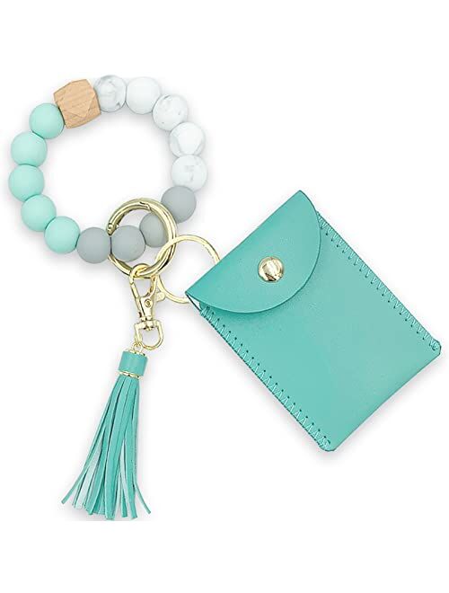 DegGod Keychain Bracelet Wristlet with Card Wallet, Portable Silicone Elastic Beaded Bangle Chains Car Key Ring