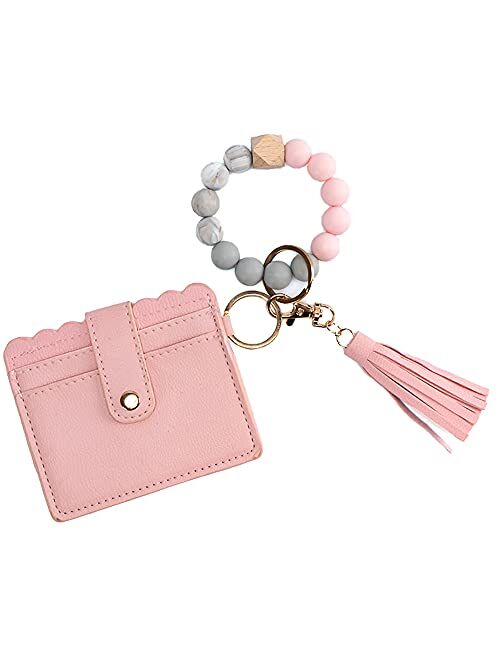 Ymsjhkj wallet keychain wristlet for women ,Silicone Beaded Bangle Keychain Pocket Purse Tassel Keychain Bangle Key Ring for Women