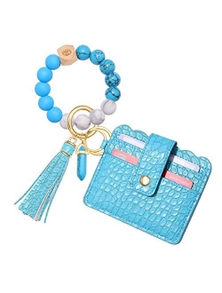 HEIDKRUEGER Wristlet Keychain Wallet Nature Stone Silicone Bead Key Ring Bracelet Bangle Purse Card Key Holder for Women