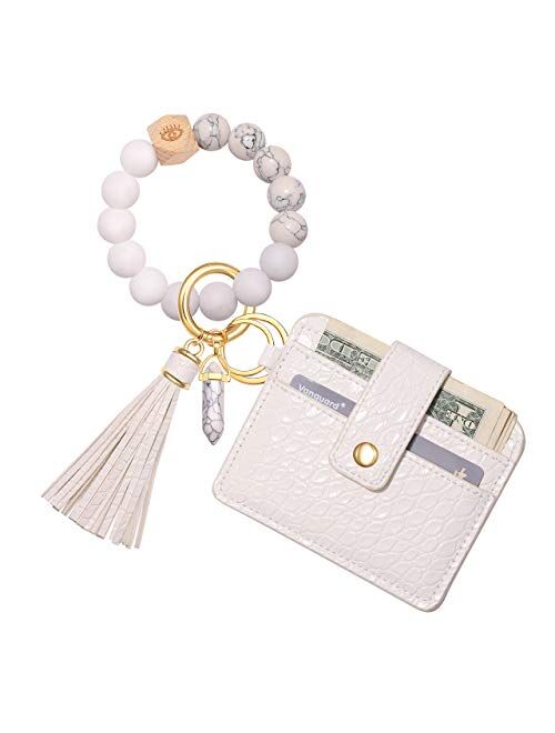 HEIDKRUEGER Wristlet Keychain Wallet Nature Stone Silicone Bead Key Ring Bracelet Bangle Purse Card Key Holder for Women