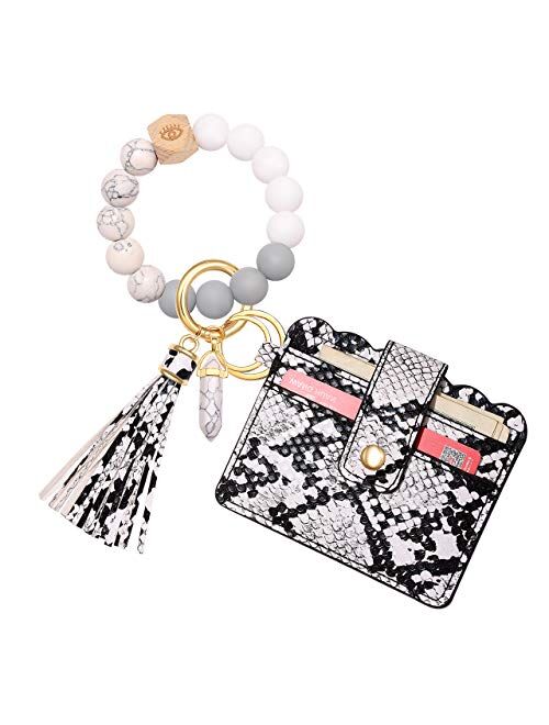 HEIDKRUEGER Wristlet Keychain Wallet Nature Stone Silicone Bead Key Ring Bracelet Bangle Purse Card Key Holder for Women