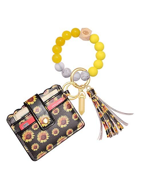 HEIDKRUEGER Wristlet Keychain Wallet Nature Stone Silicone Bead Key Ring Bracelet Bangle Purse Card Key Holder for Women