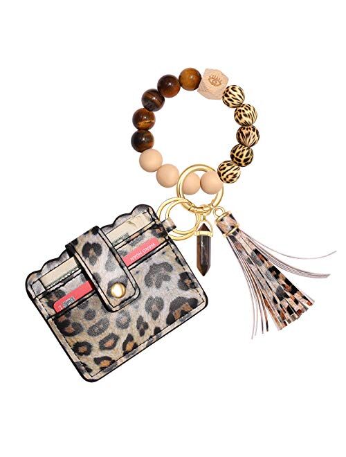 HEIDKRUEGER Wristlet Keychain Wallet Nature Stone Silicone Bead Key Ring Bracelet Bangle Purse Card Key Holder for Women