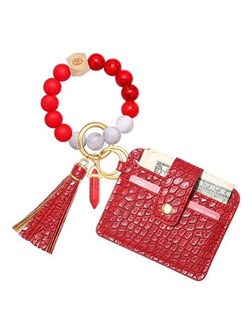 HEIDKRUEGER Wristlet Keychain Wallet Nature Stone Silicone Bead Key Ring Bracelet Bangle Purse Card Key Holder for Women