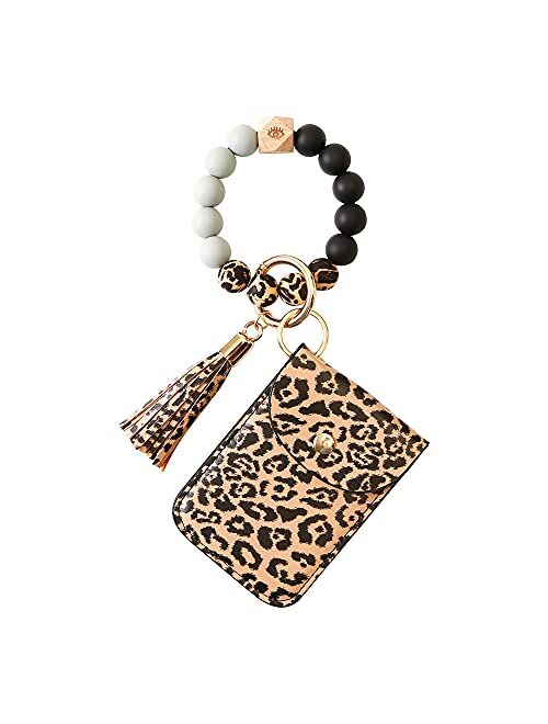 Generic Silicone Beaded Key Ring Bracelet Keychain with Leather Tassel House Car Keychain Holder Wristlet Keychain Wallet for Women