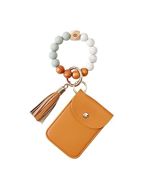 Generic Silicone Beaded Key Ring Bracelet Keychain with Leather Tassel House Car Keychain Holder Wristlet Keychain Wallet for Women