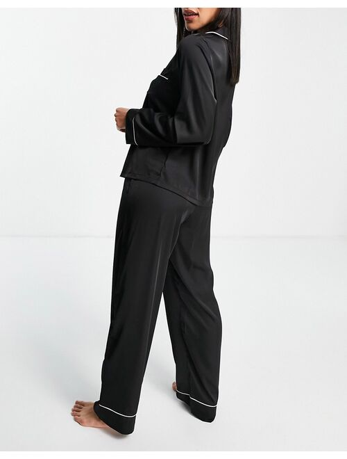 ASOS DESIGN satin long sleeve shirt & pants pajama set in black