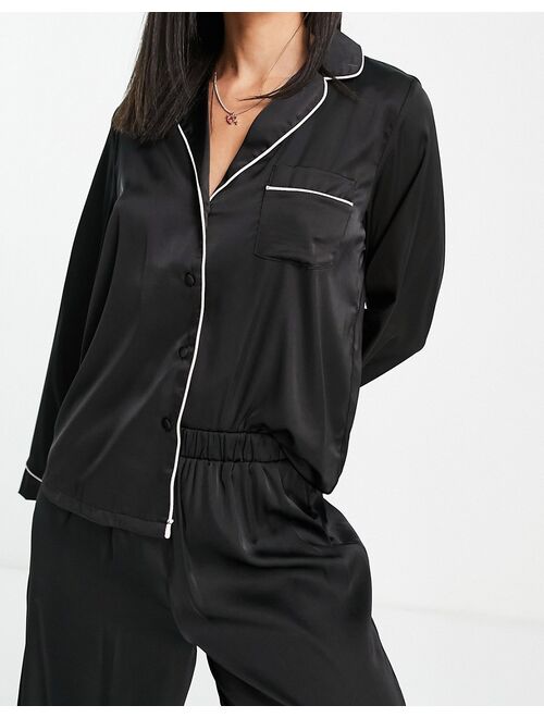 ASOS DESIGN satin long sleeve shirt & pants pajama set in black