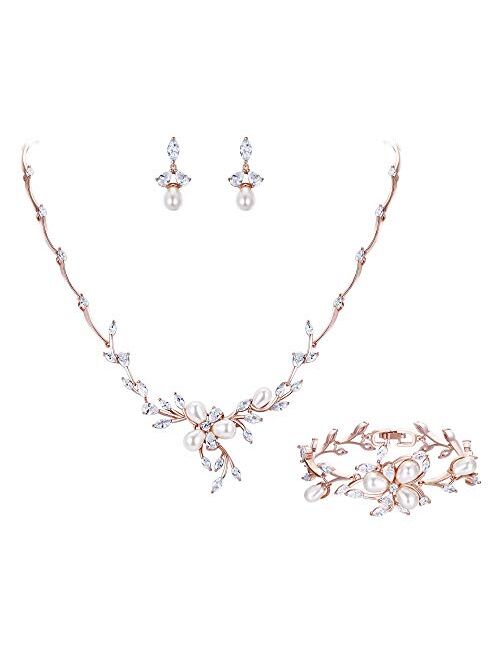 EVER FAITH Marquise CZ Simulated Pearl Bridal Flower Leaf Filigree Necklace Earrings Bracelet Set