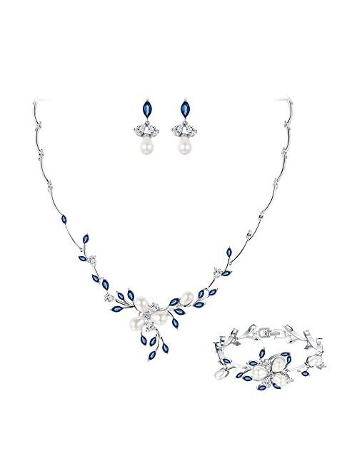 EVER FAITH Marquise CZ Simulated Pearl Bridal Flower Leaf Filigree Necklace Earrings Bracelet Set