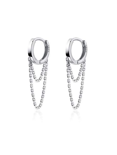 Reffeer 925 Sterling Silver Tassel Chain Drop Dangle Small Hoop Earrings Huggie for Women Teen