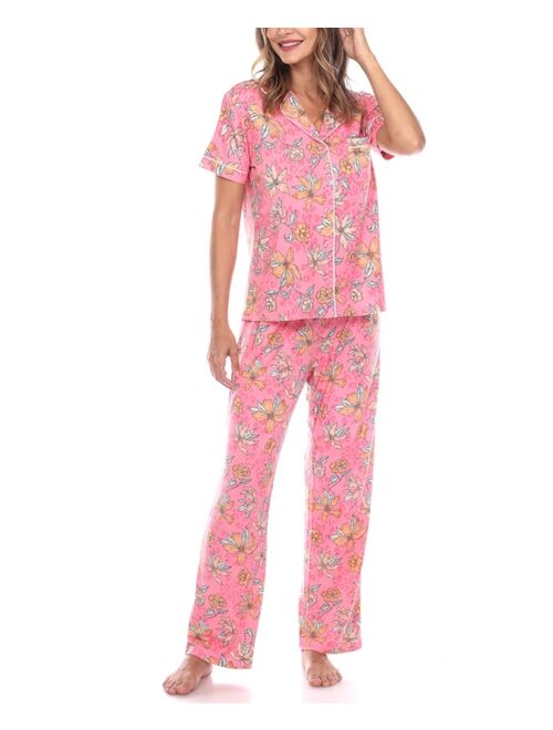 White Mark Women's Short Sleeve Pants Tropical Pajama Set, 2-Piece