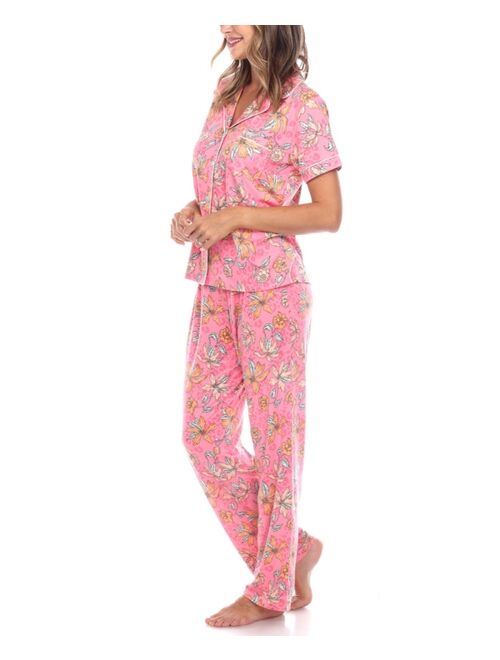 White Mark Women's Short Sleeve Pants Tropical Pajama Set, 2-Piece