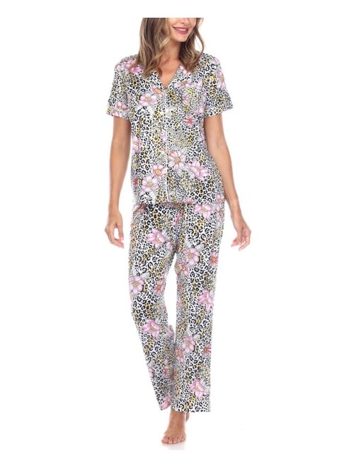 White Mark Women's Short Sleeve Pants Tropical Pajama Set, 2-Piece