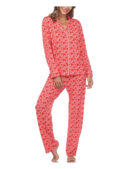 White Mark Women's 2 Piece Long Sleeve Heart Print Pajama Set