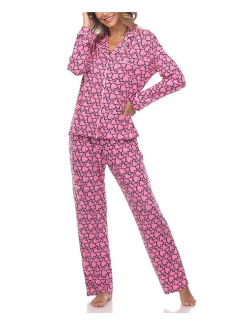 White Mark Women's 2 Piece Long Sleeve Heart Print Pajama Set