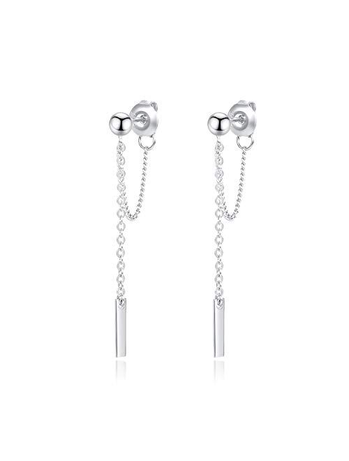 Zeonmei 925 Sterling Silver Bar Earrings with Hanging Chain Dangle Earrings