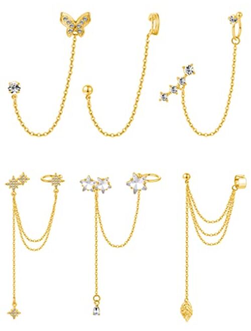 Tornito 6Pcs Cuff Earring Chain Leaf Snowflake Star Butterfly with CZ Crawler Climber Earring Studs Drop Dangling Chain Wrap Tassel Earring for Women Men 20G Silver Gold 