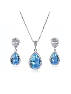 AMYJANE Elegant Jewelry Set for Women - Silver Teardrop Clear Cubic Zirconia Crystal Rhinestone Drop Earrings and Necklace Bridal Jewelry Sets Best Gift for Bridesmaids