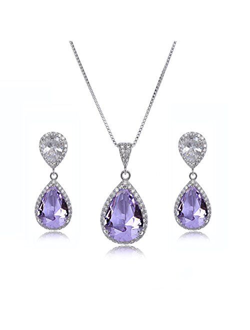 AMYJANE Elegant Jewelry Set for Women - Silver Teardrop Clear Cubic Zirconia Crystal Rhinestone Drop Earrings and Necklace Bridal Jewelry Sets Best Gift for Bridesmaids