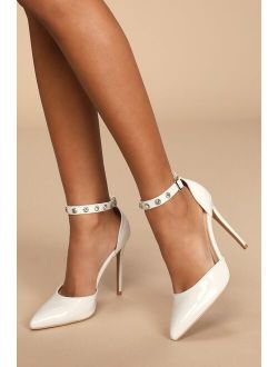 Lugaria White Patent Ankle Strap Pointed-Toe Pumps